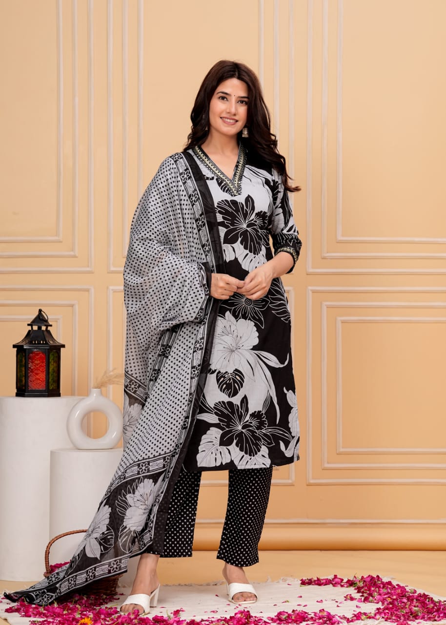 Black-Cotton-Mirror-Work-On-Neck-3-Piece-Kurta-Set