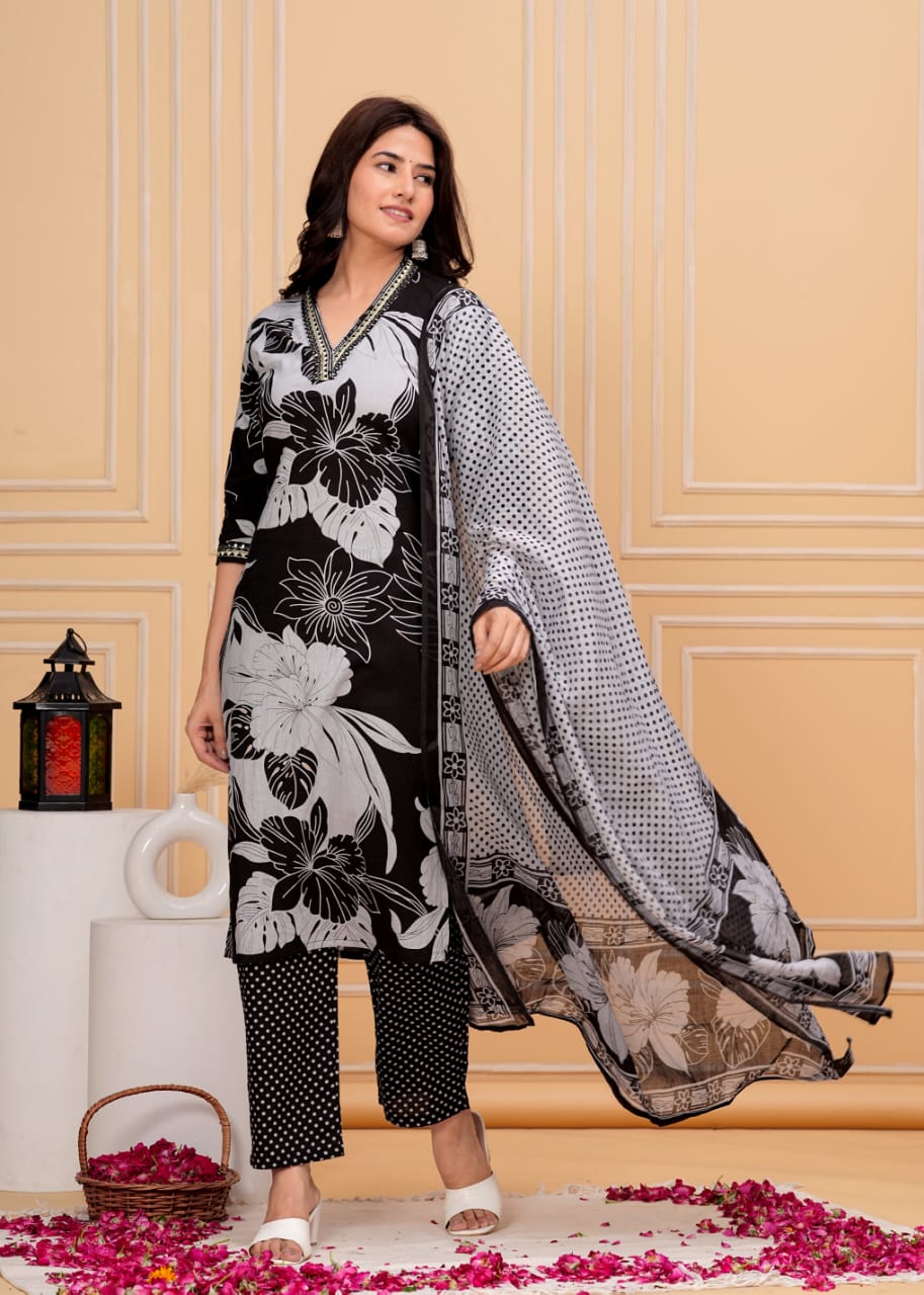 Black-Cotton-Mirror-Work-On-Neck-3-Piece-Kurta-Set