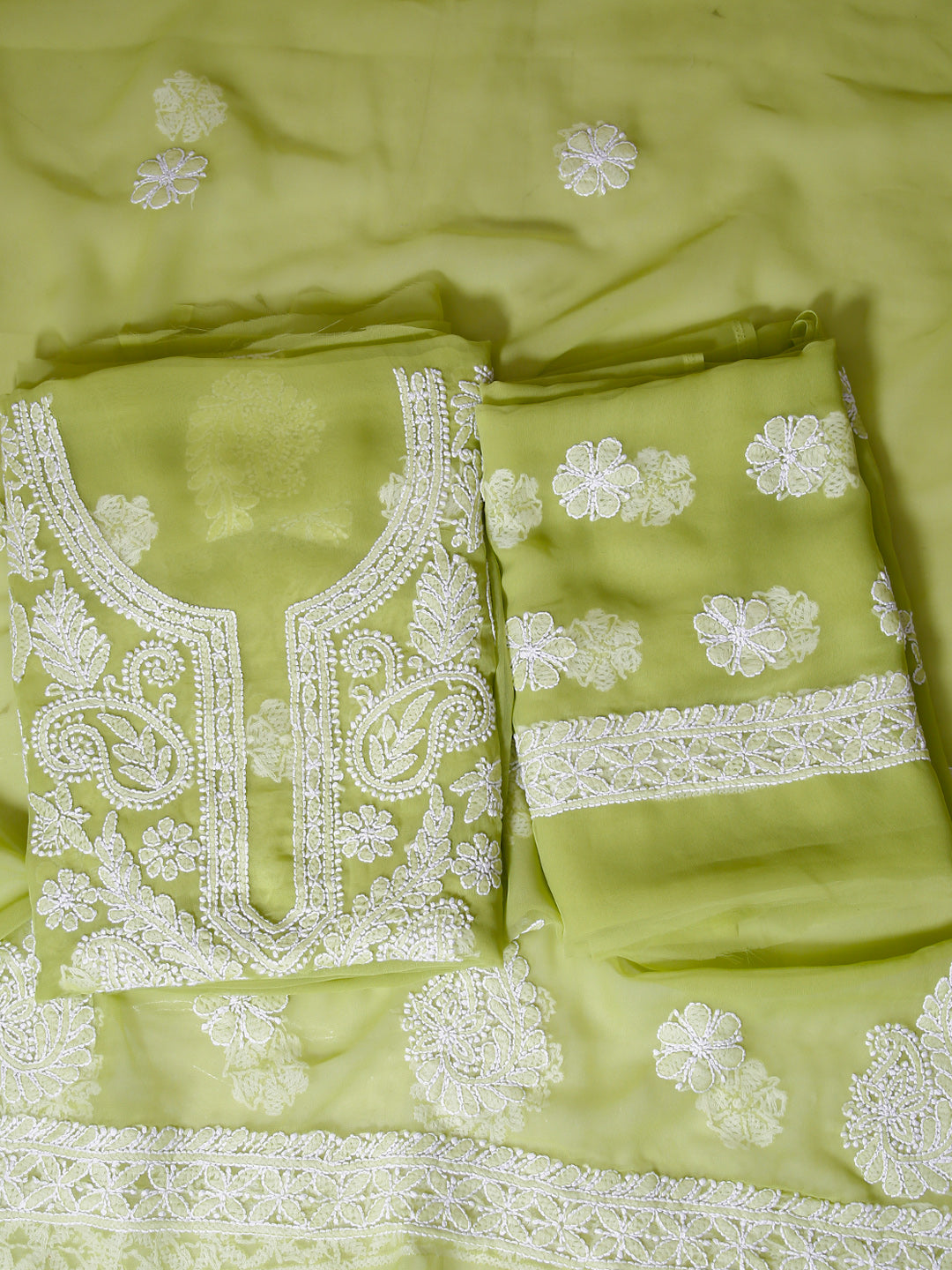 Green Chikankari Unstitched Dress Material