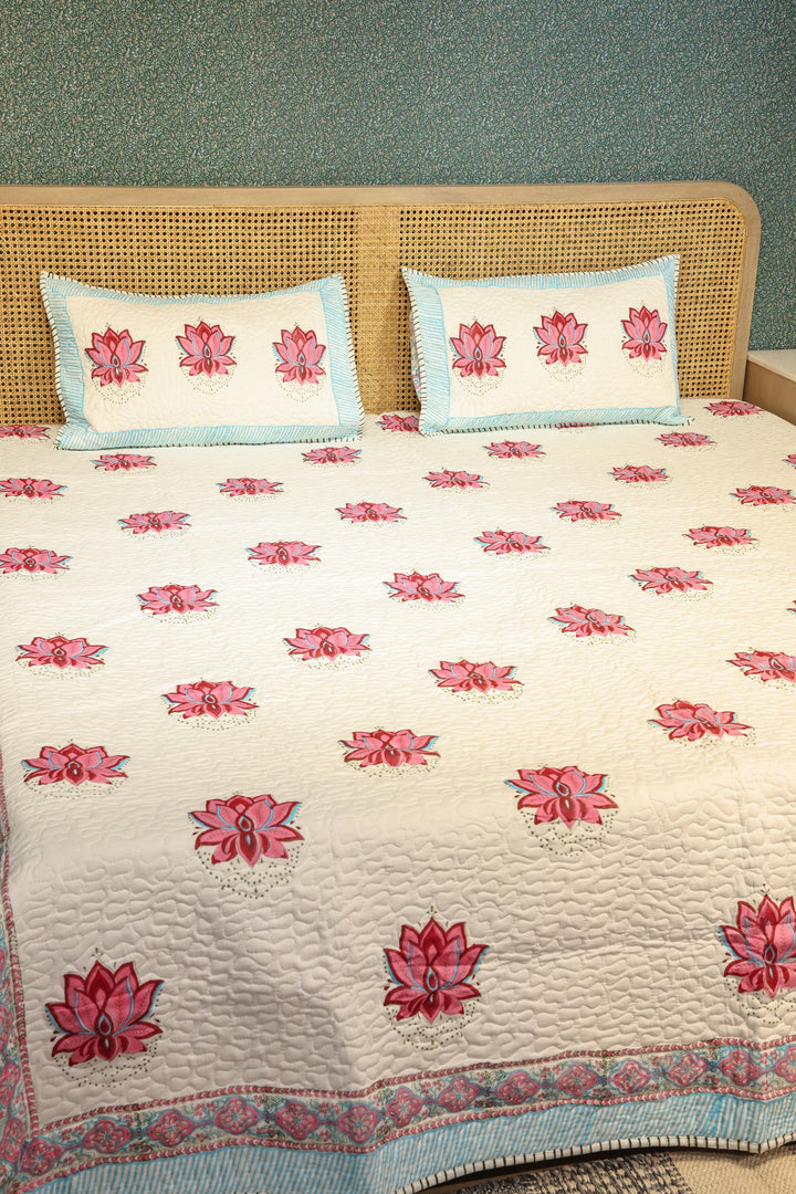 Cream-Cotton-Handblock-Print-Bedcover-With-2-Pillow-Covers