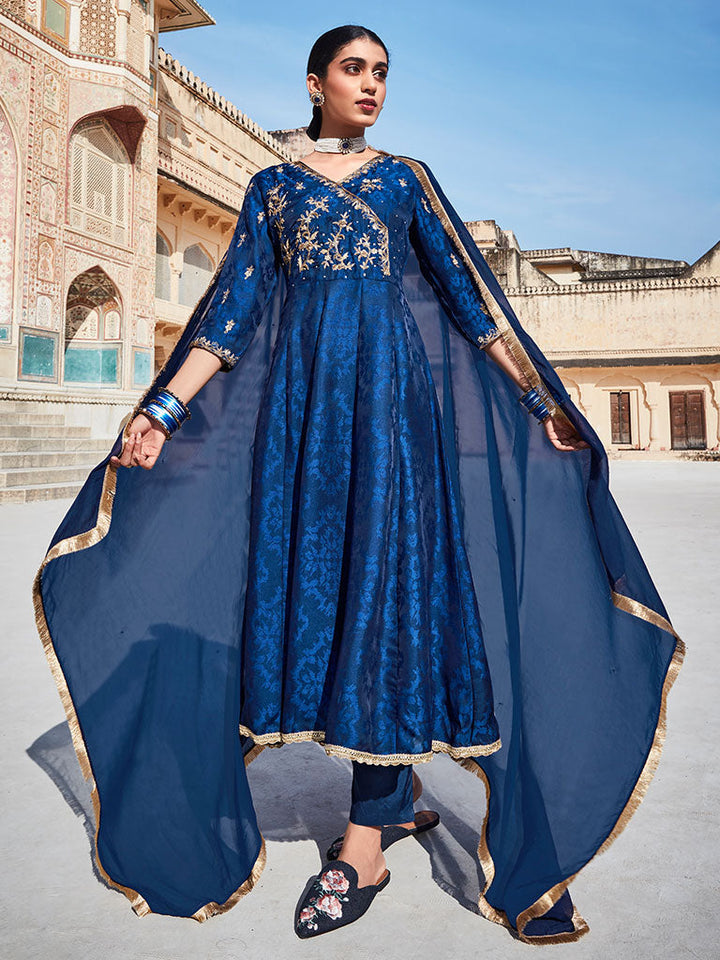 Blue Silk Jacquard Zardozi Anarkali Suit Set