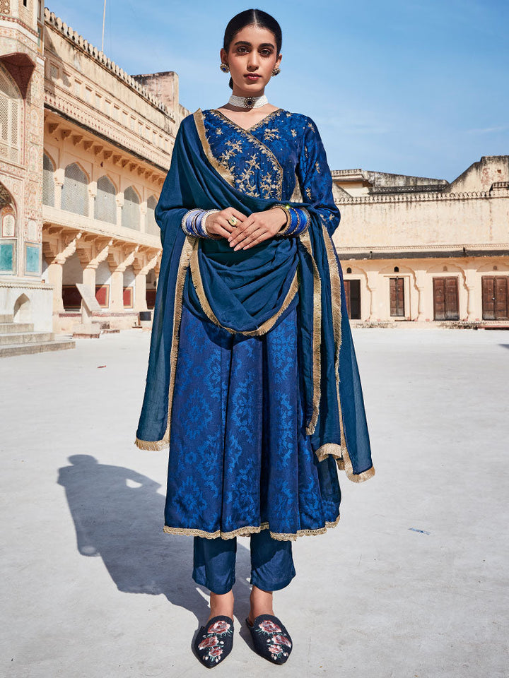 Blue Silk Jacquard Zardozi Anarkali Suit Set