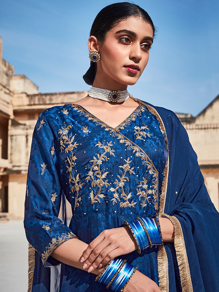 Blue Silk Jacquard Zardozi Anarkali Suit Set