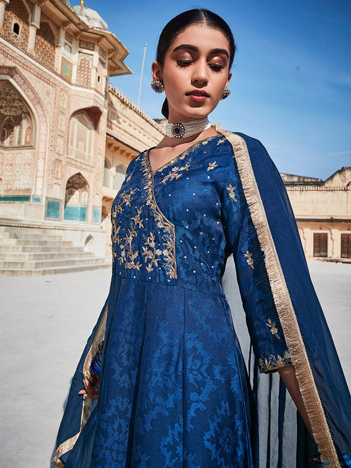 Blue Silk Jacquard Zardozi Anarkali Suit Set