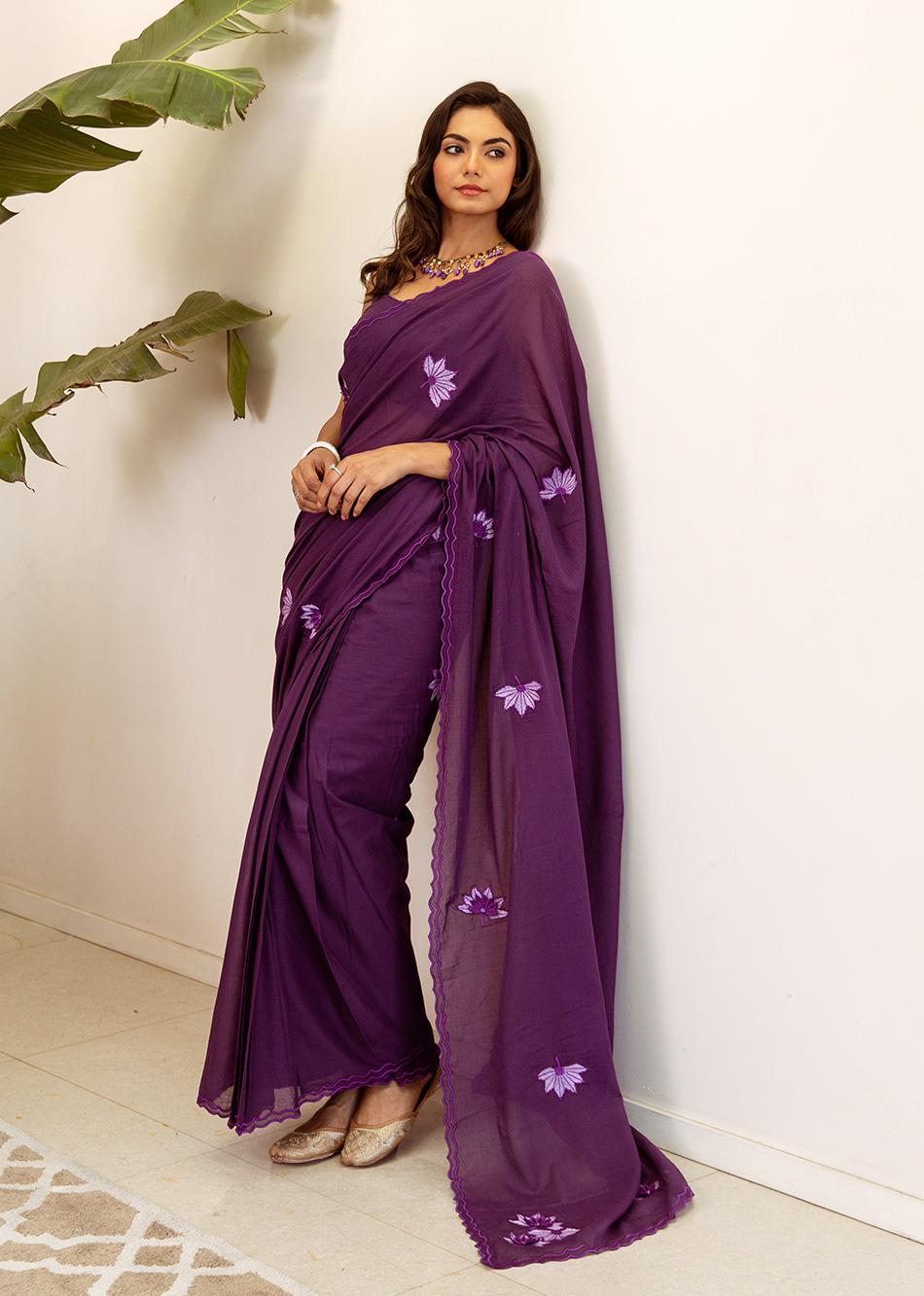 Ahilya-Purple-Embossed-Embroidered-Pre-Draped-Saree