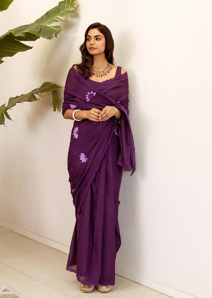 Ahilya-Purple-Embossed-Embroidered-Pre-Draped-Saree