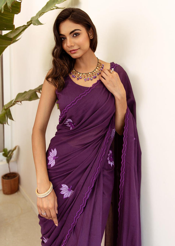 Ahilya-Purple-Embossed-Embroidered-Pre-Draped-Saree