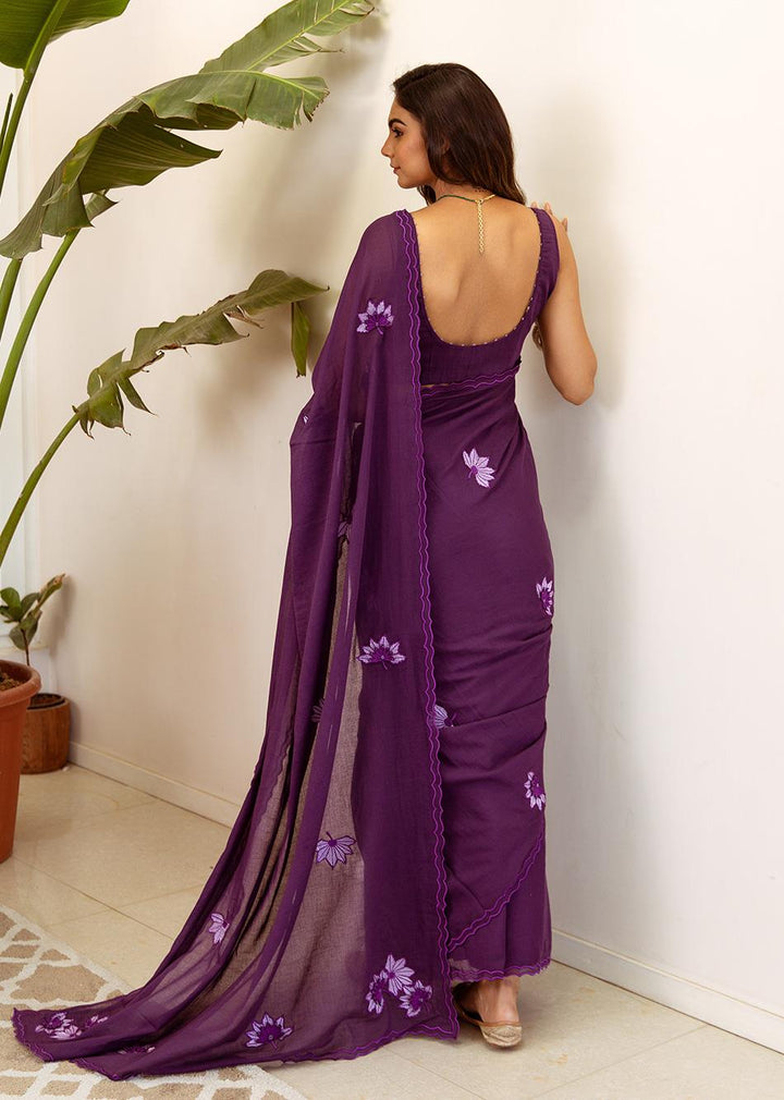 Ahilya-Purple-Embossed-Embroidered-Pre-Draped-Saree