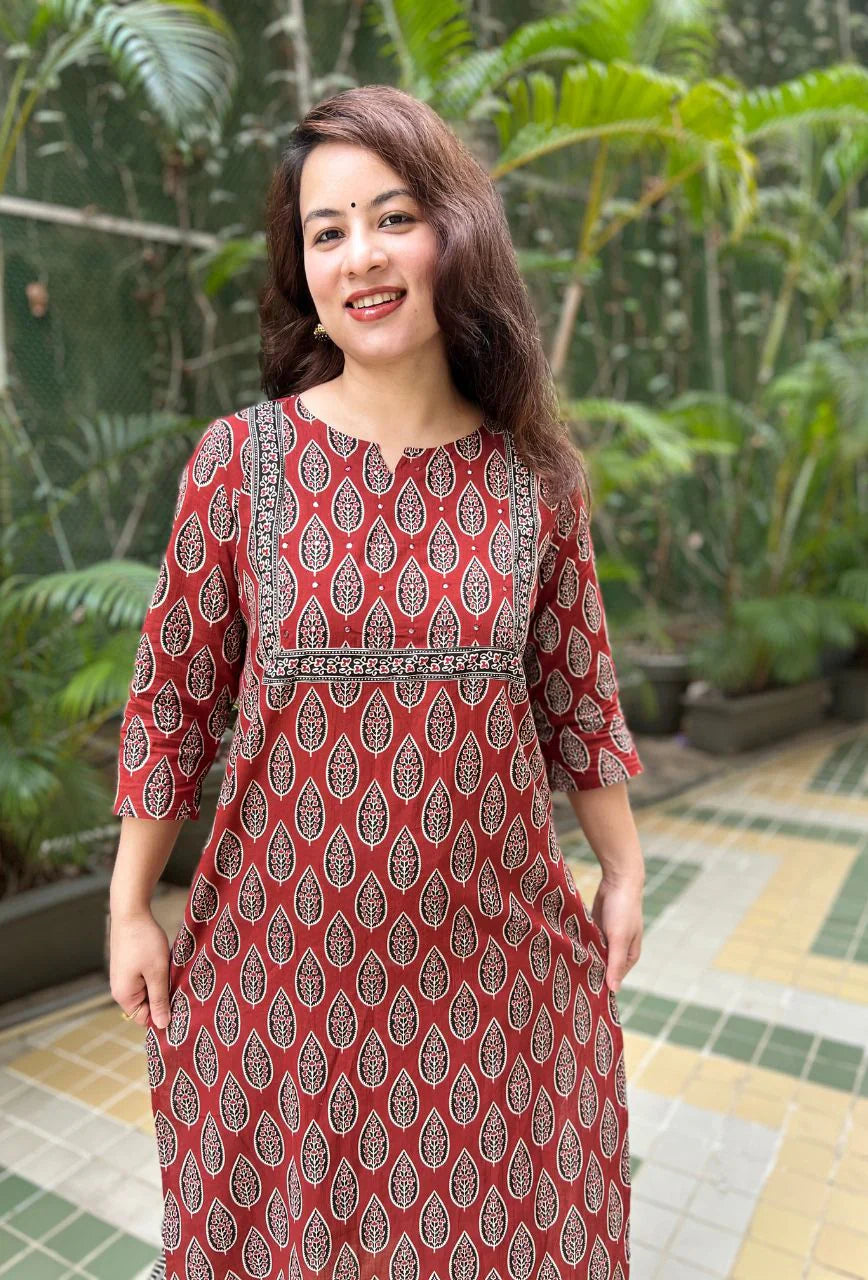 Ajrakh Brown Cotton Chevron 3-Piece Kurta Set