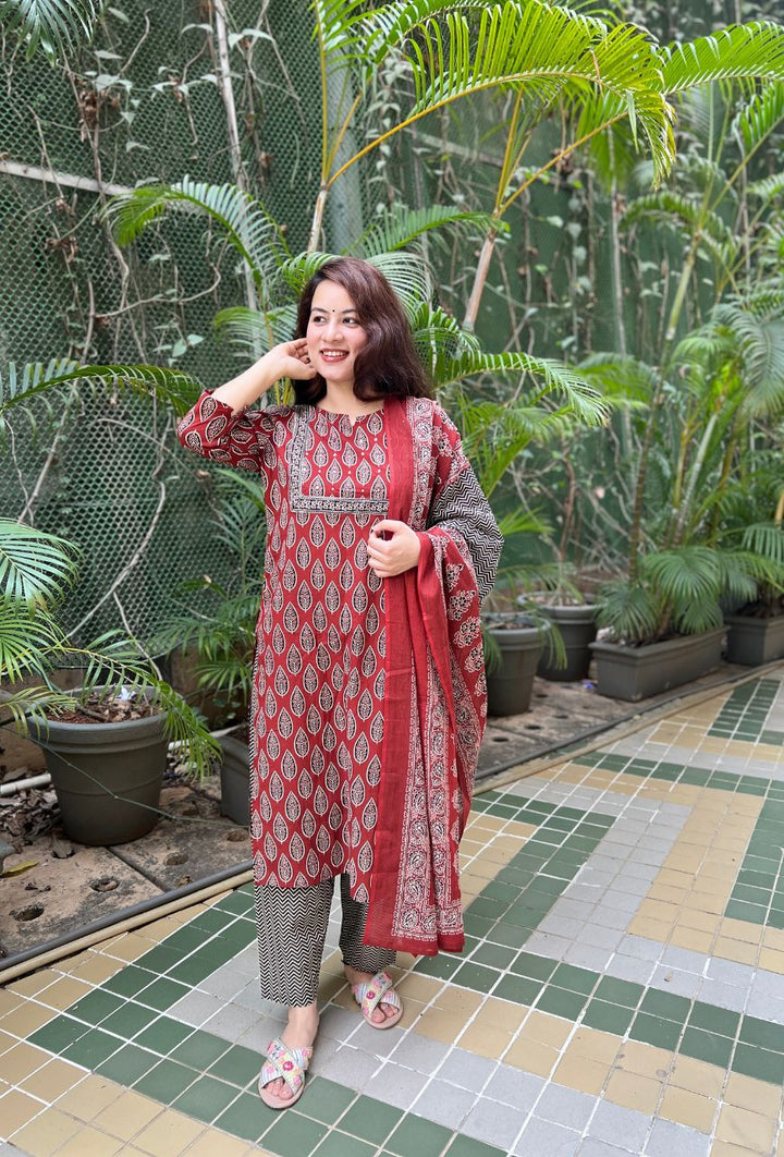 Ajrakh Brown Cotton Chevron 3-Piece Kurta Set