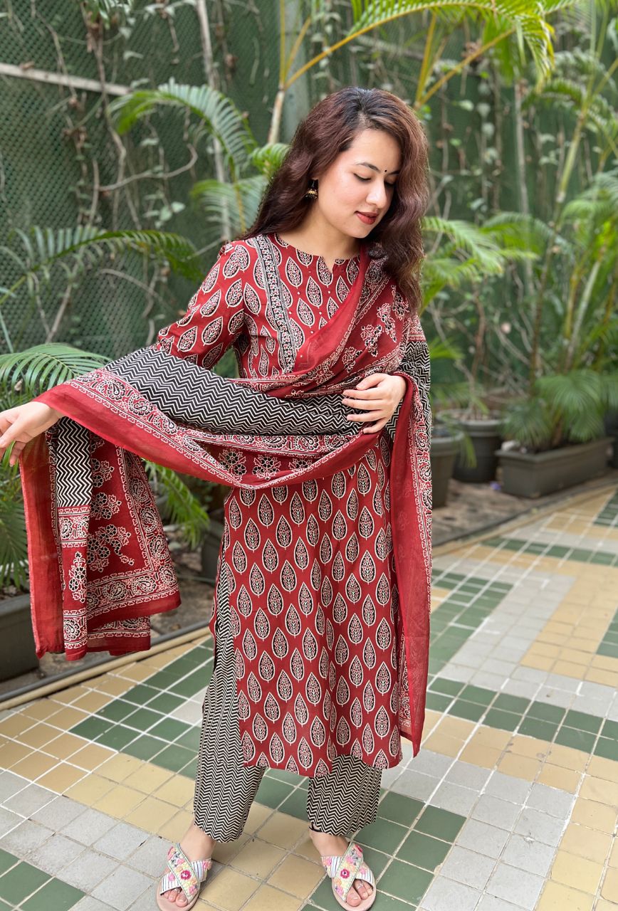 Ajrakh Brown Cotton Chevron 3-Piece Kurta Set