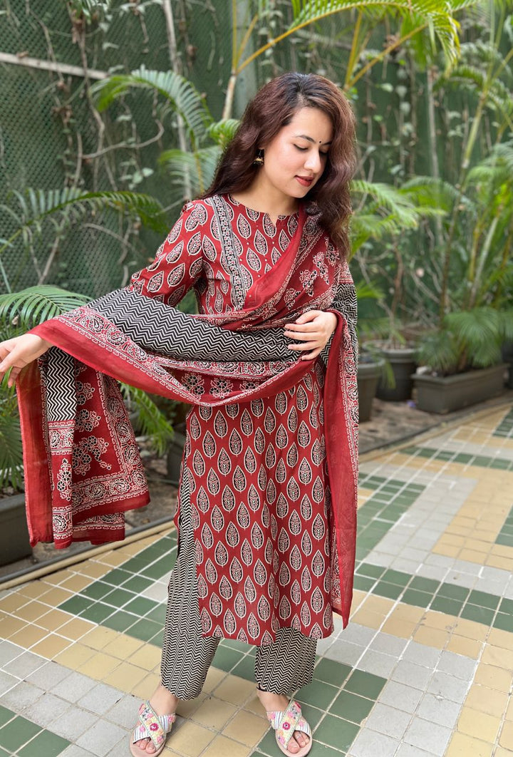 Ajrakh Brown Cotton Chevron 3-Piece Kurta Set
