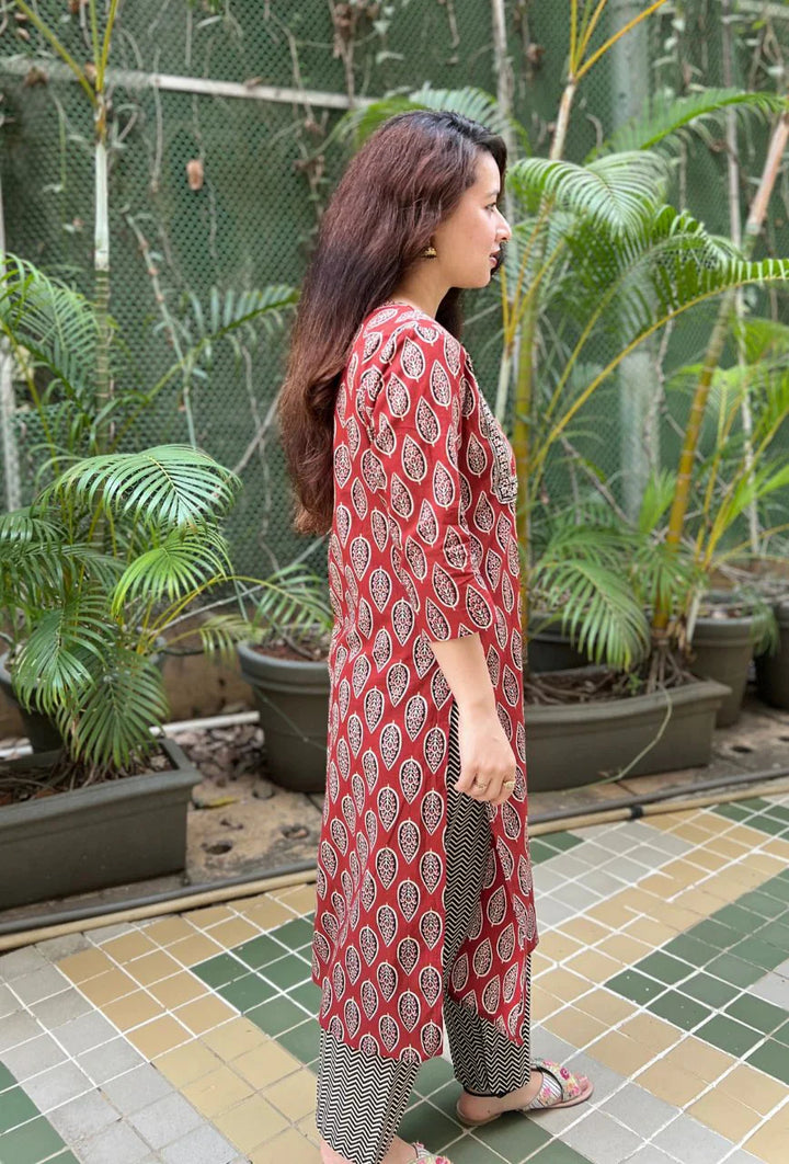 Ajrakh Brown Cotton Chevron 3-Piece Kurta Set