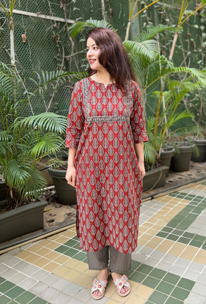 Ajrakh Brown Cotton Chevron 3-Piece Kurta Set