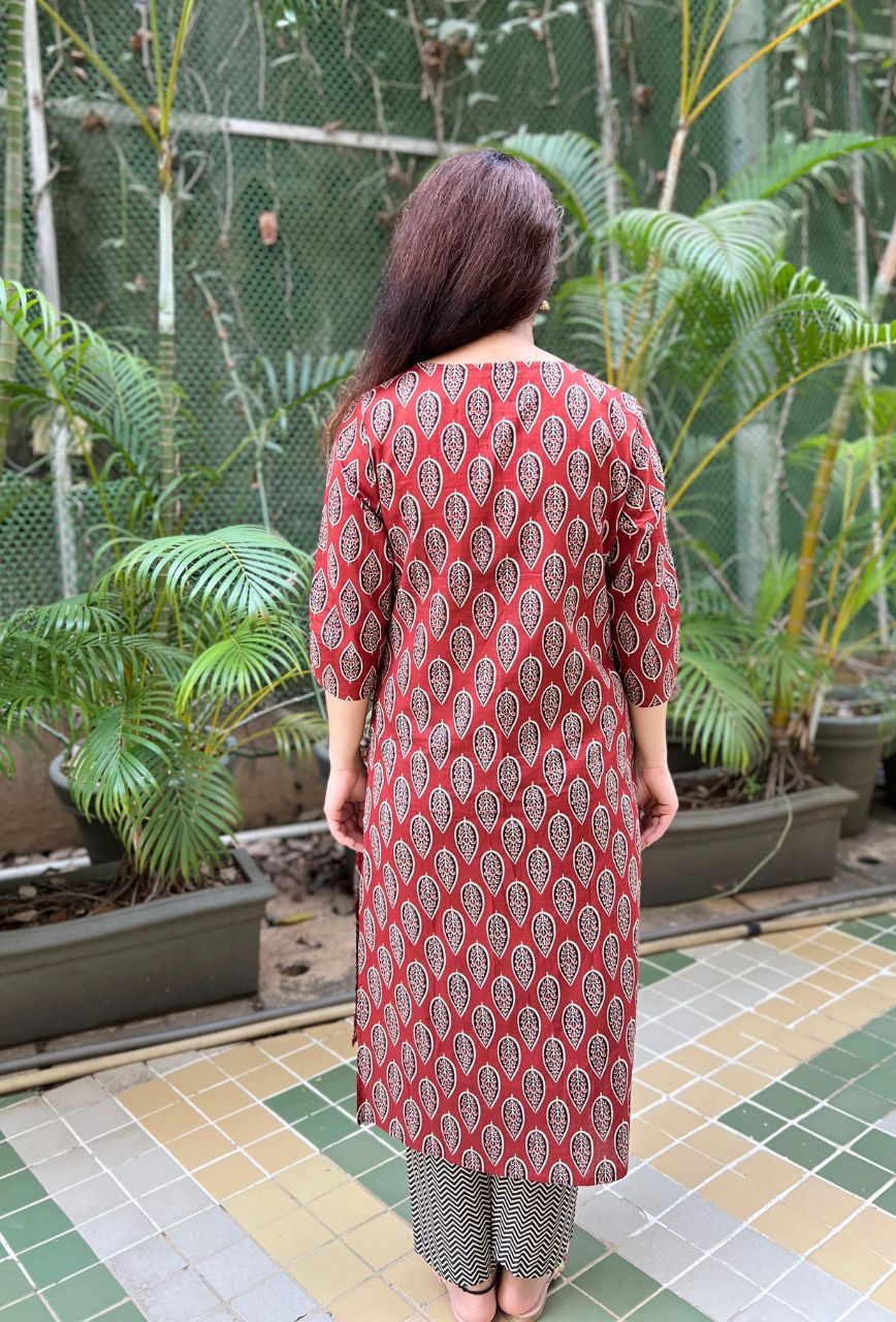 Ajrakh Brown Cotton Chevron 3-Piece Kurta Set