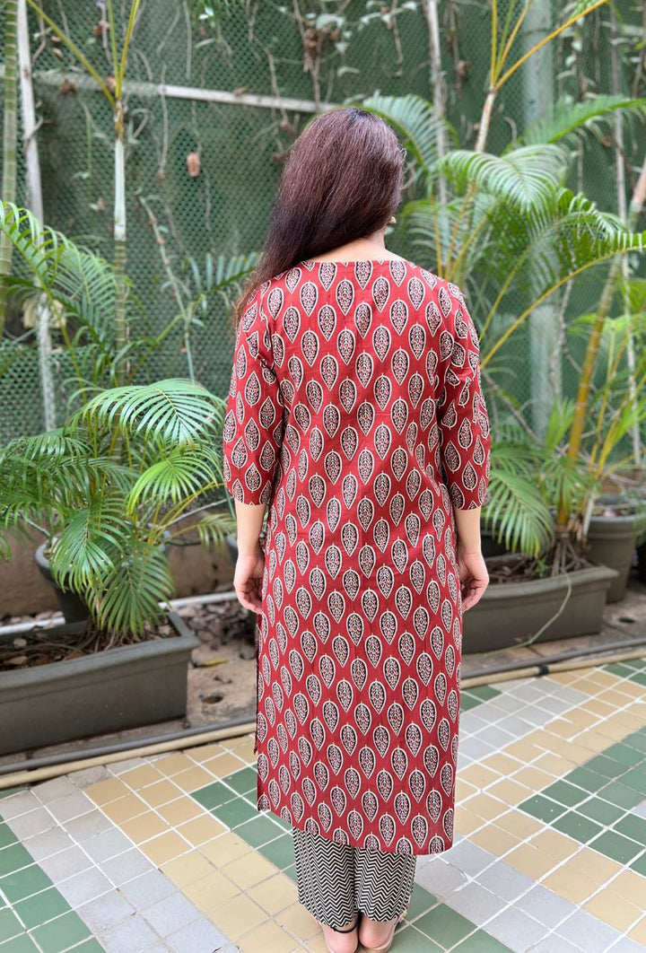 Ajrakh Brown Cotton Chevron 3-Piece Kurta Set