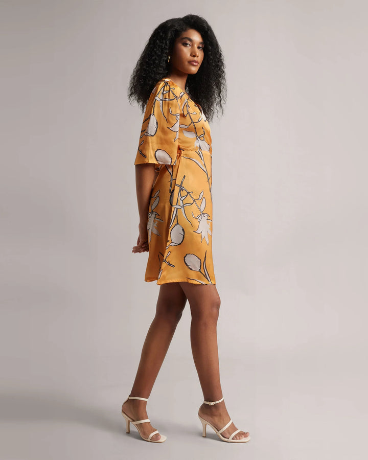 Amber Yellow Abstract Print Wrap Tie-Up Dress