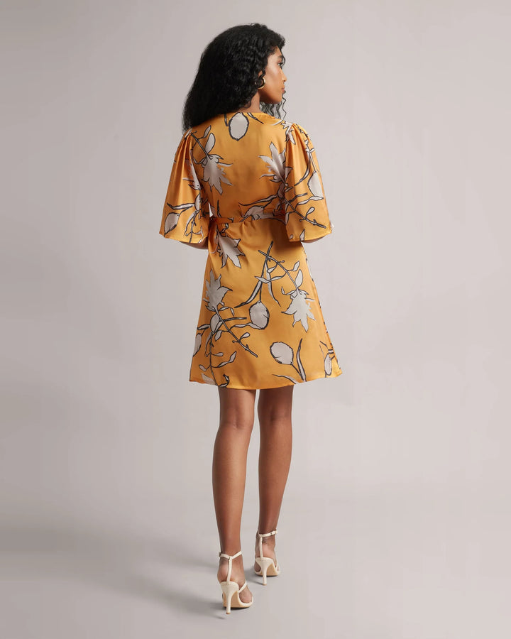 Amber Yellow Abstract Print Wrap Tie-Up Dress