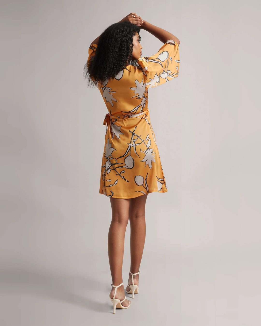 Amber Yellow Abstract Print Wrap Tie-Up Dress