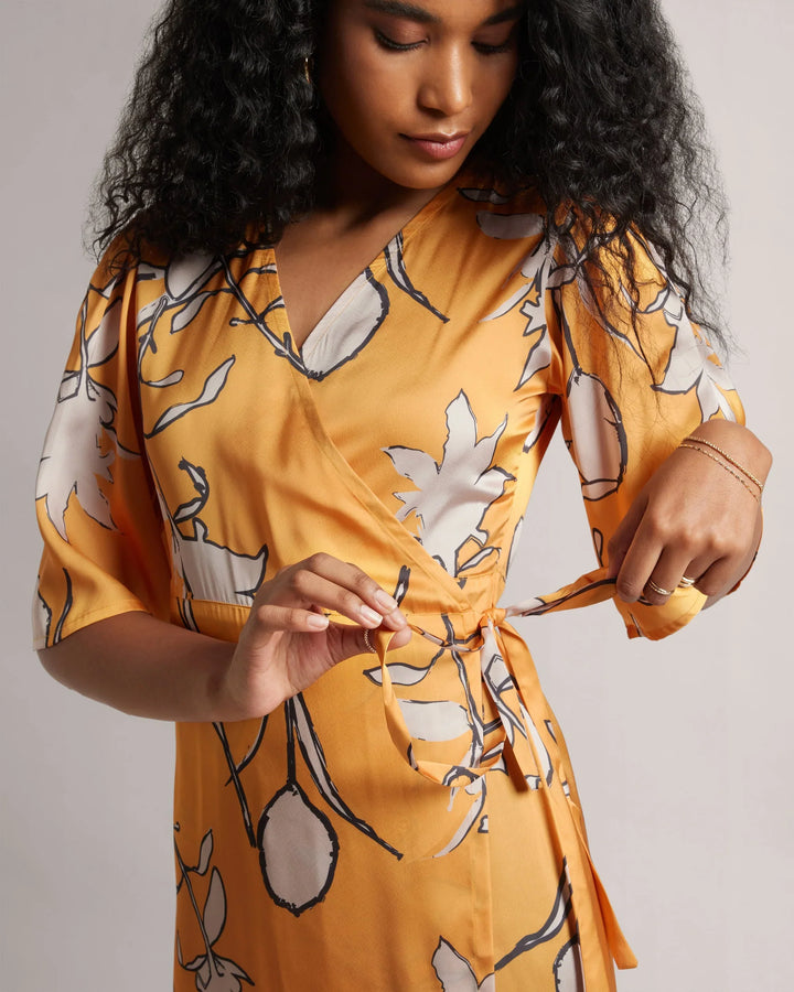 Amber Yellow Abstract Print Wrap Tie-Up Dress