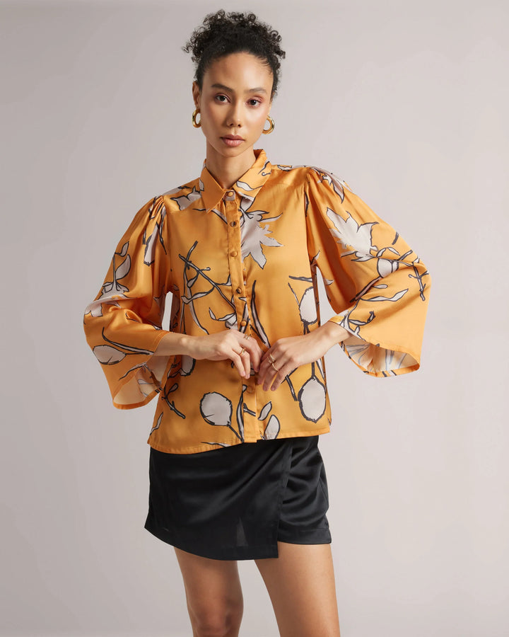 Amber Yellow Satin Abstract Printed Shirt Only