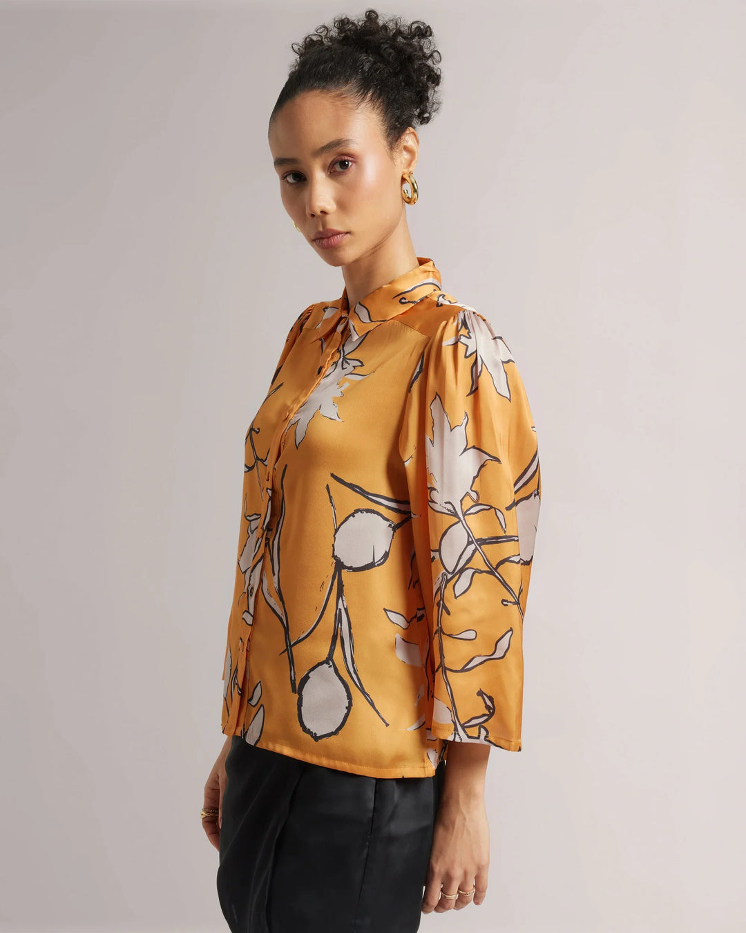 Amber Yellow Satin Abstract Printed Shirt Only