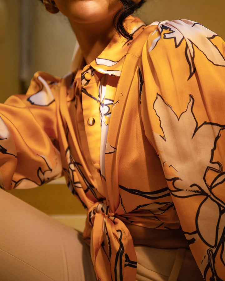 Amber Yellow Satin Abstract Printed Shirt Only