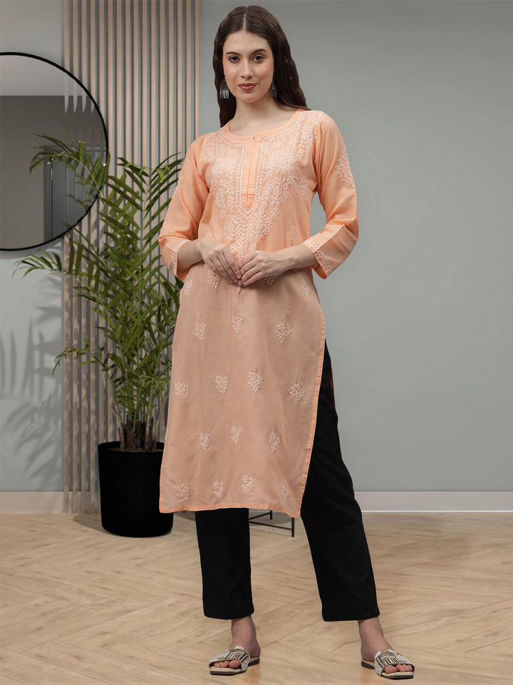 Apricot-Peach-Cotton-Embroidered-Chikankari-Kurta