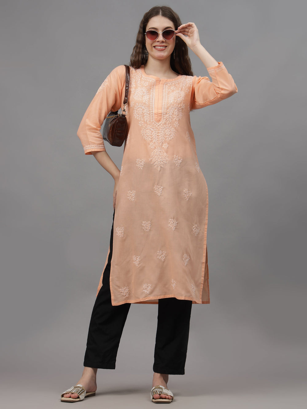 Apricot-Peach-Cotton-Embroidered-Chikankari-Kurta