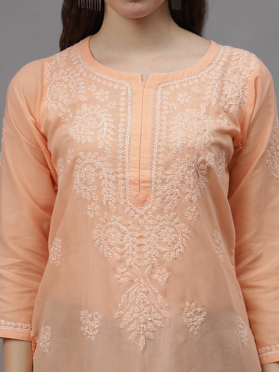 Apricot-Peach-Cotton-Embroidered-Chikankari-Kurta