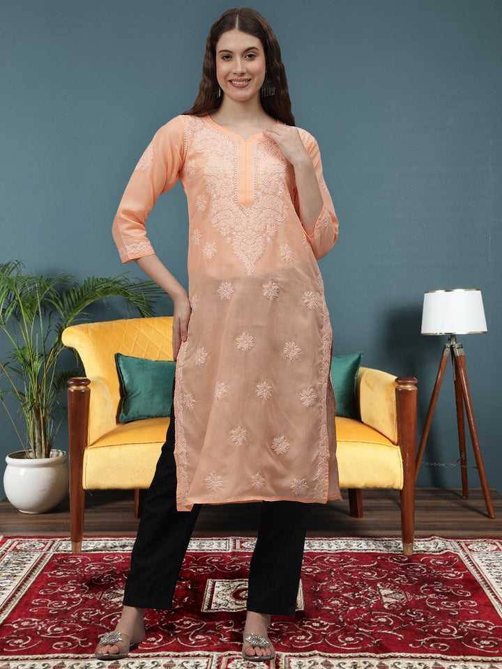 Apricot-Peach-Cotton-Embroidered-Chikankari-Kurti