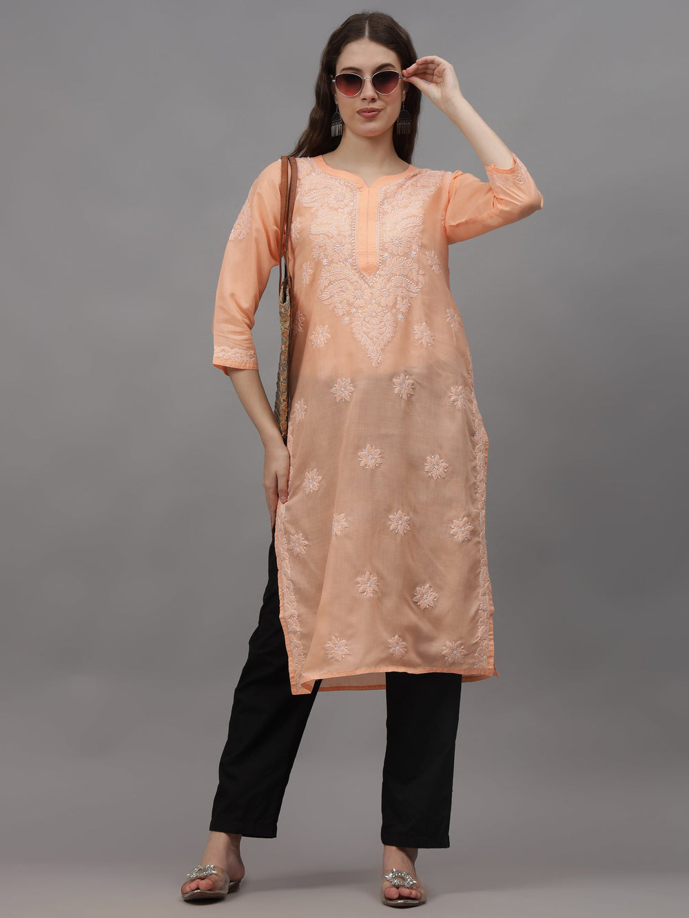 Apricot-Peach-Cotton-Embroidered-Chikankari-Kurti