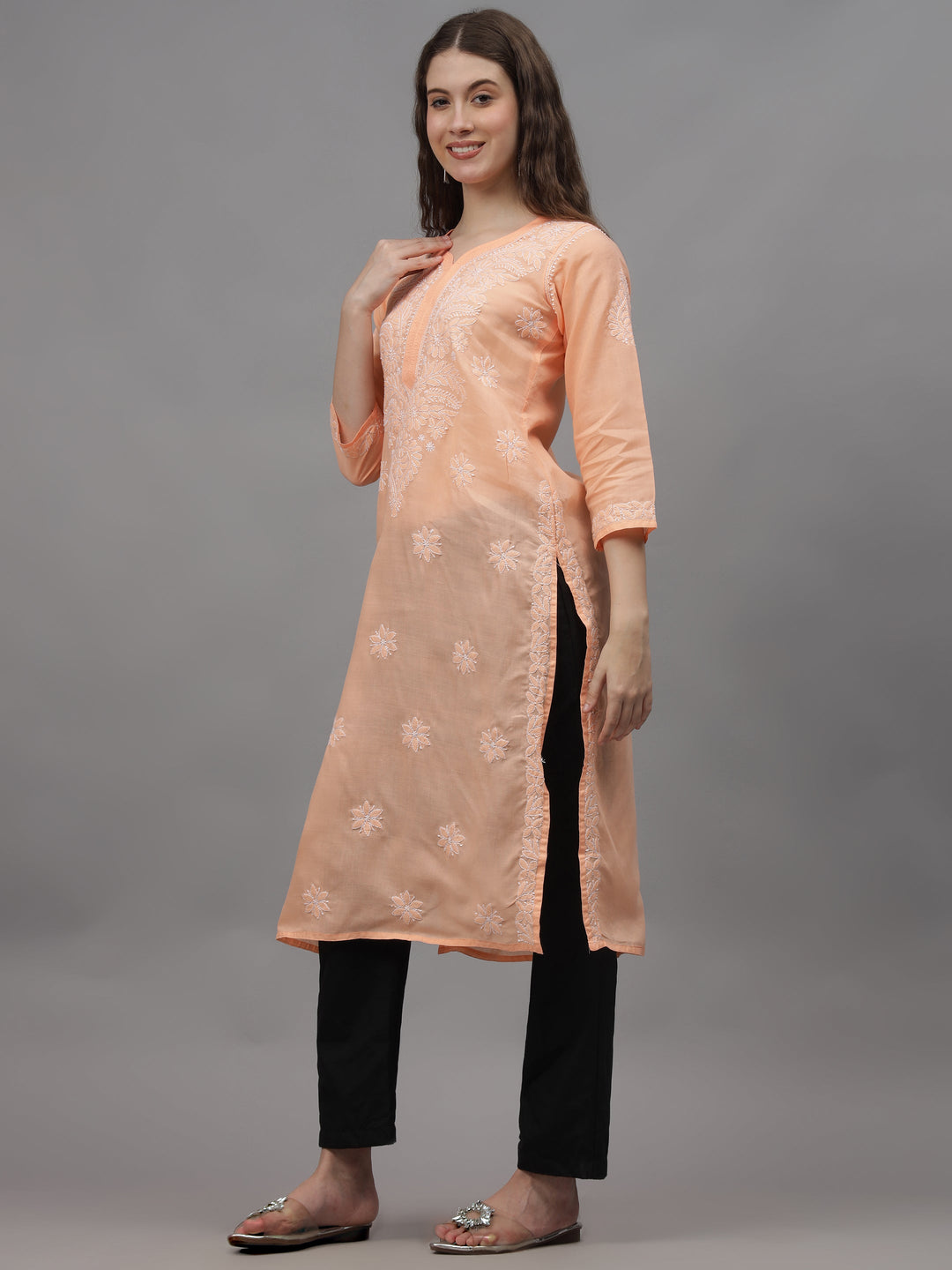 Apricot-Peach-Cotton-Embroidered-Chikankari-Kurti