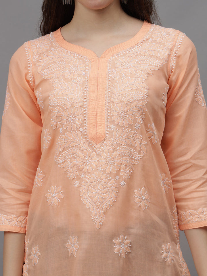 Apricot-Peach-Cotton-Embroidered-Chikankari-Kurti