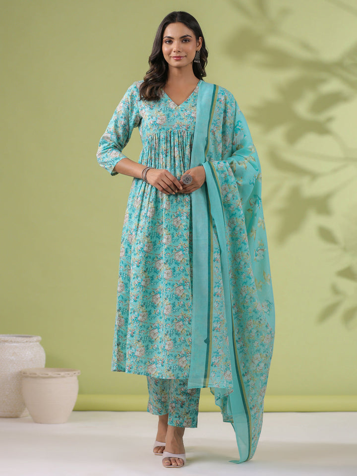 Aqua-Blue-Poly-Cotton-A-Line-3-Piece-Kurta-Set