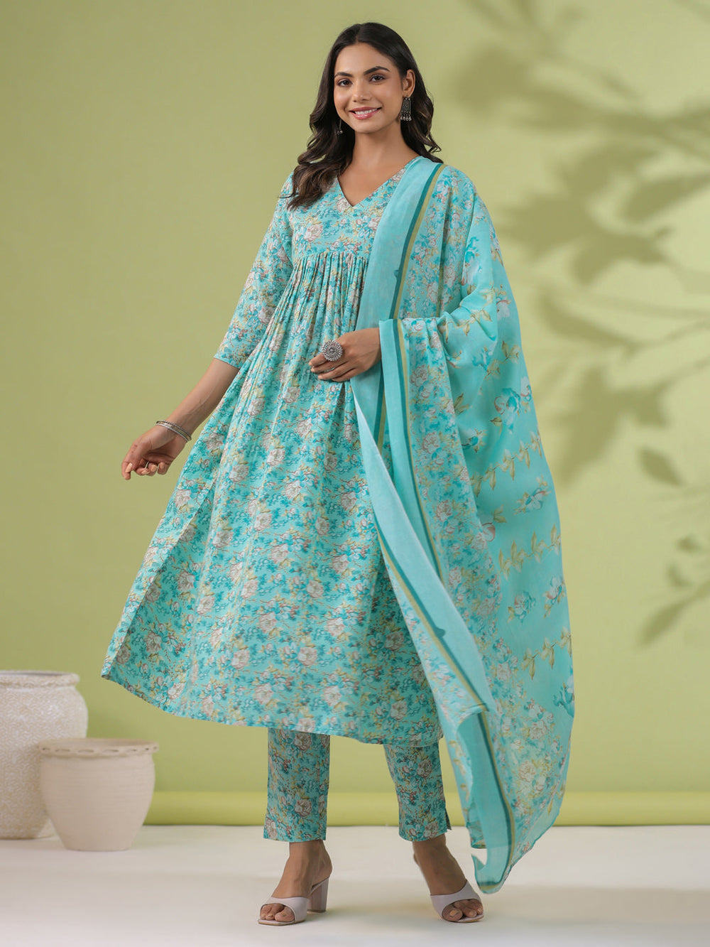 Aqua-Blue-Poly-Cotton-A-Line-3-Piece-Kurta-Set