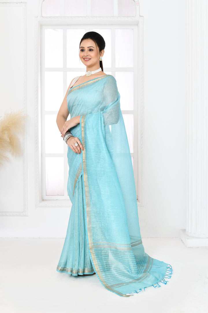 Aqua-Blue-Tussar-Linen-Handloom-Saree-With-Embroidered-Blouse