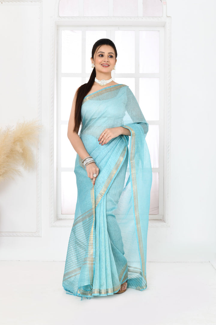 Aqua-Blue-Tussar-Linen-Handloom-Saree-With-Embroidered-Blouse