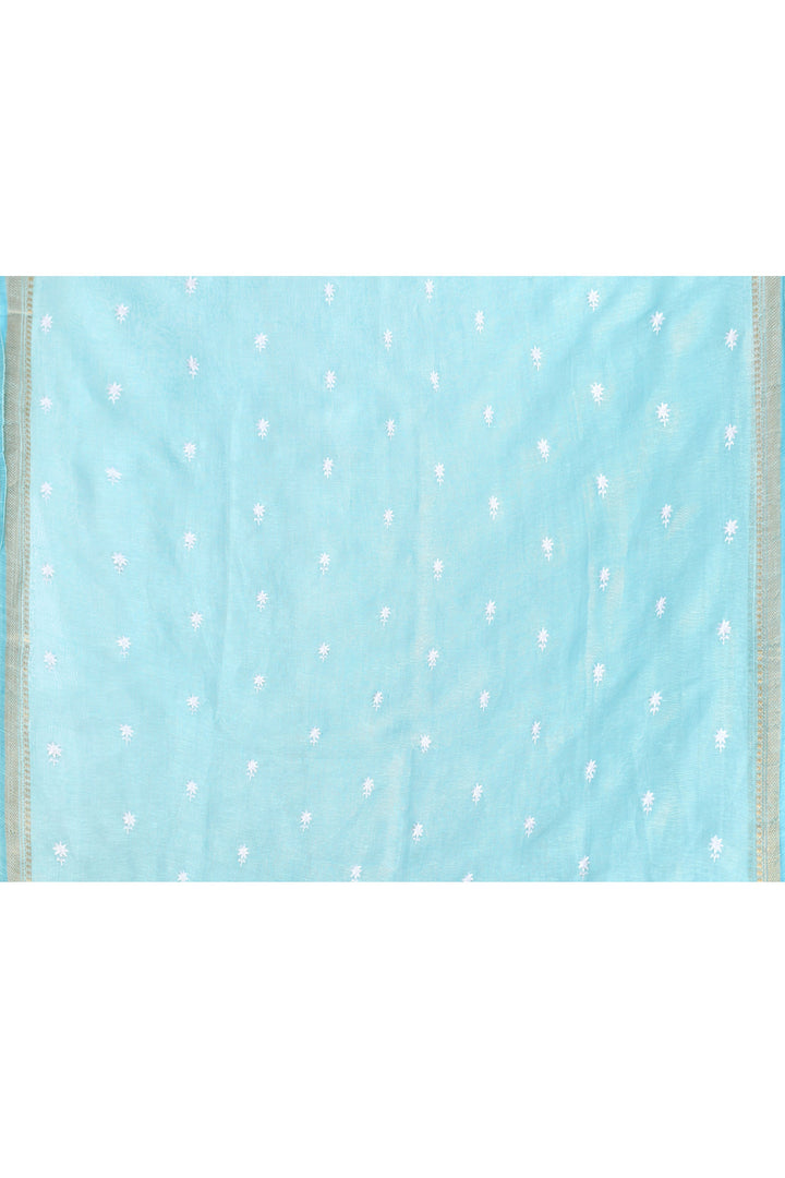 Aqua-Blue-Tussar-Linen-Handloom-Saree-With-Embroidered-Blouse