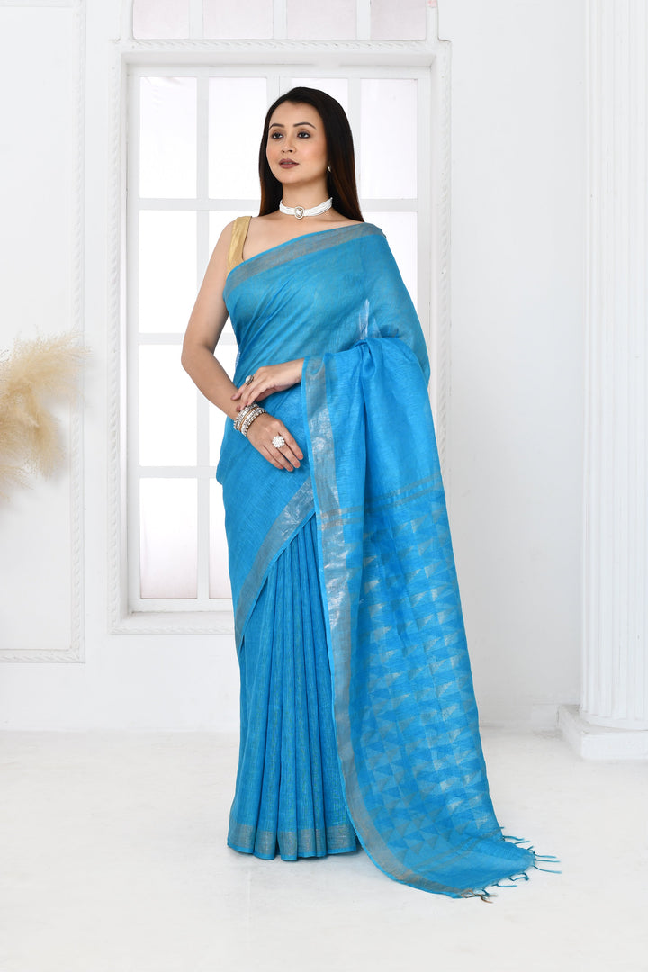 Aqua-Blue-Tussar-Linen-Handloom-Saree-With-Woven-Zari-Pallu