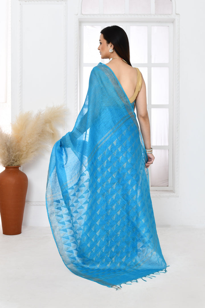 Aqua-Blue-Tussar-Linen-Handloom-Saree-With-Woven-Zari-Pallu