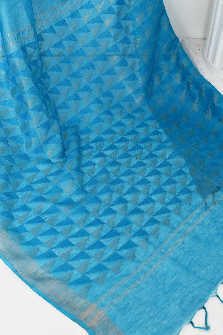 Aqua-Blue-Tussar-Linen-Handloom-Saree-With-Woven-Zari-Pallu