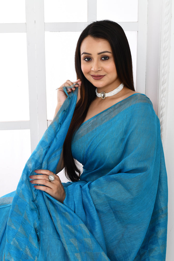 Aqua-Blue-Tussar-Linen-Handloom-Saree-With-Woven-Zari-Pallu