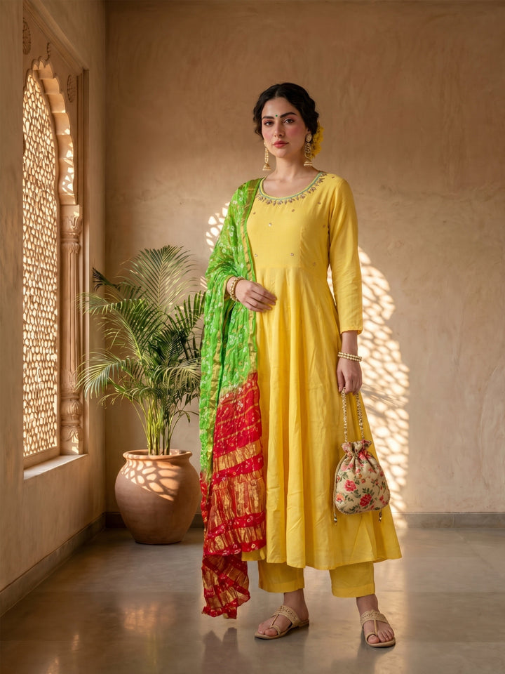 Yellow bandhej suit set