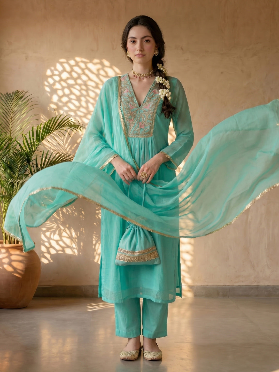Turquoise crepe suit set