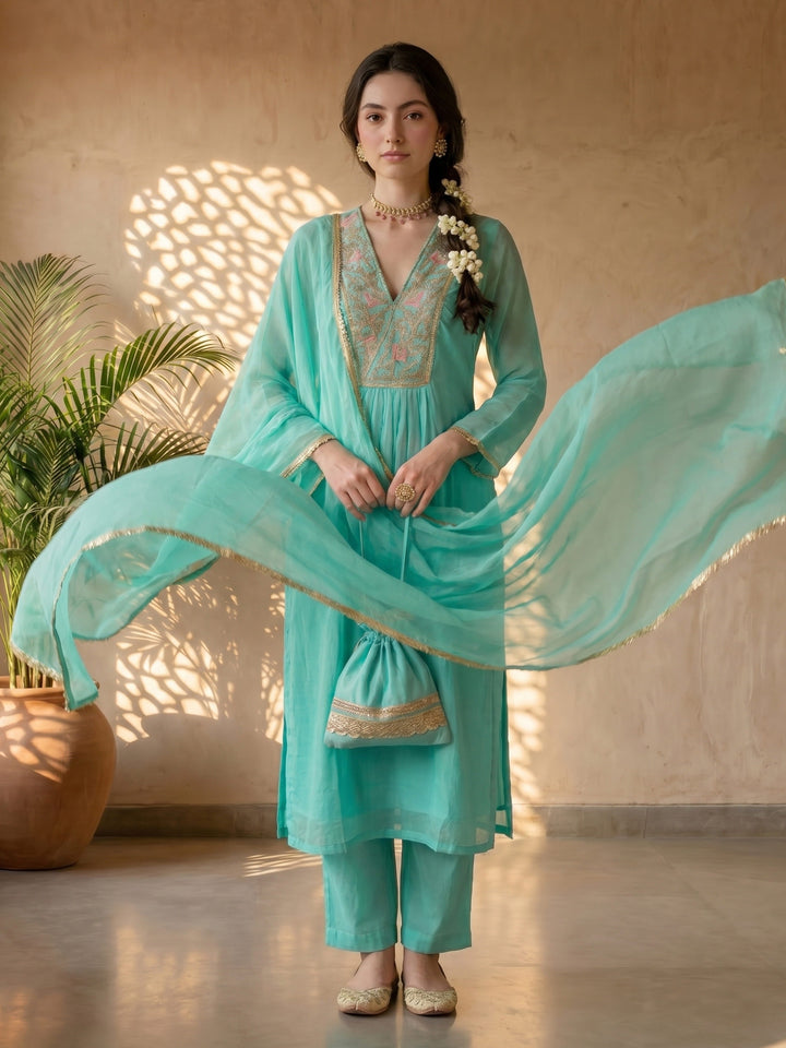 Turquoise crepe suit set