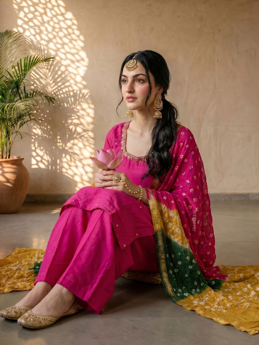 Pink & green bandhej suit set