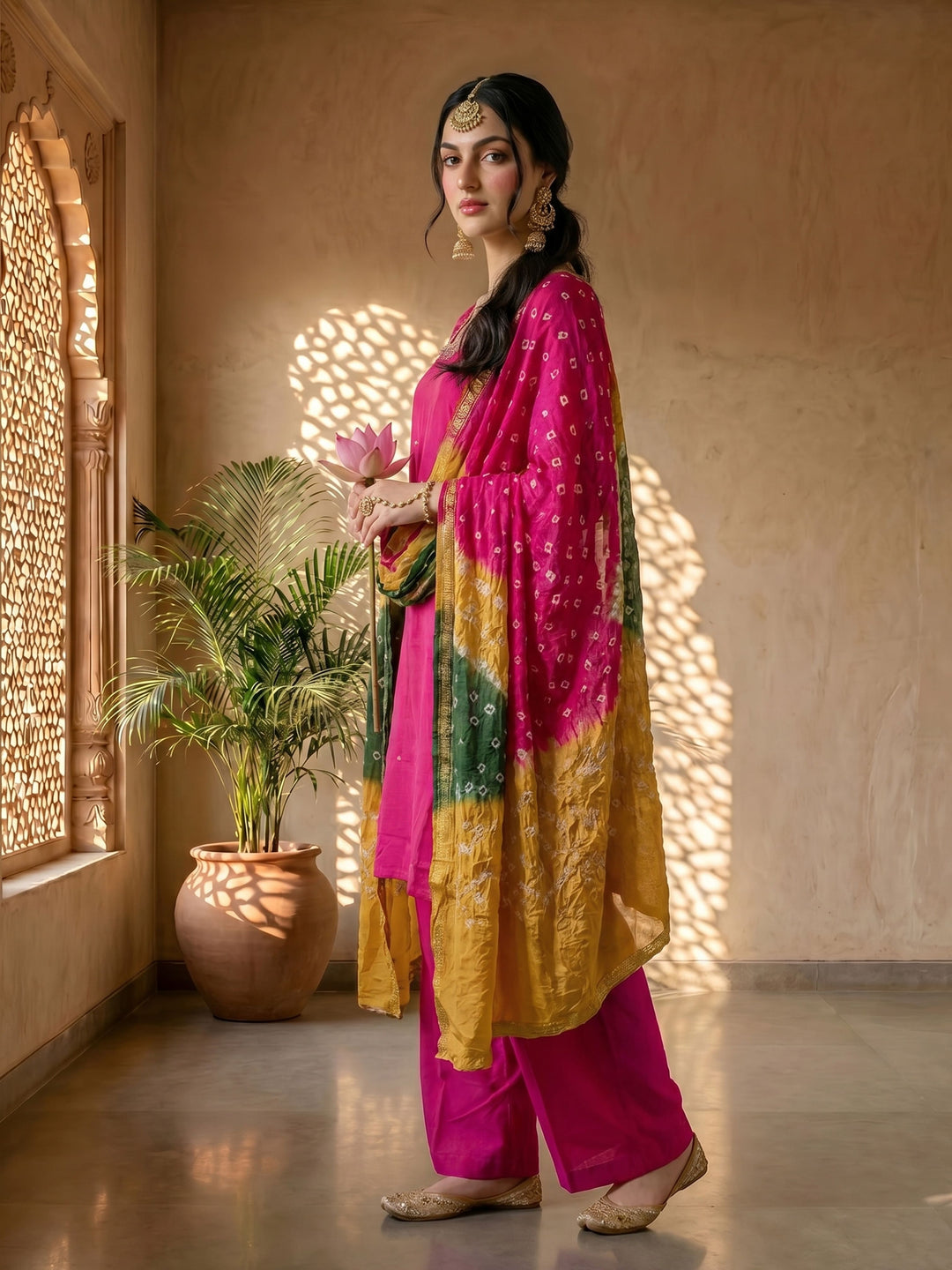 Pink & green bandhej suit set