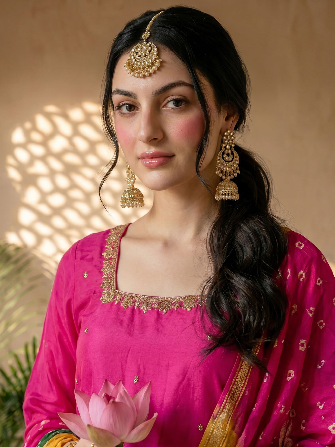 Pink & green bandhej suit set