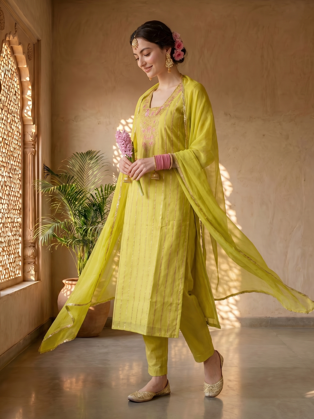 Mustard chanderi suit set